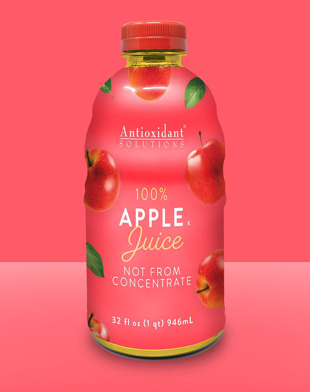 A red bottle of apple juice with a red background.