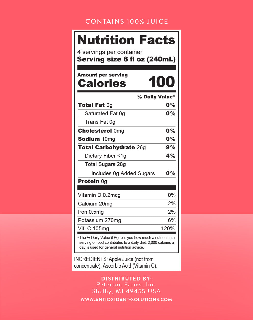 
                  
                    Apple juice nutrition facts panel with a red background.
                  
                