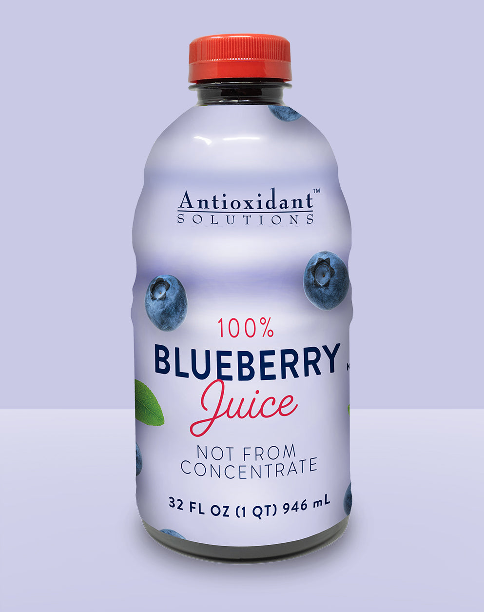 A bottle of blueberry juice with a purple background.