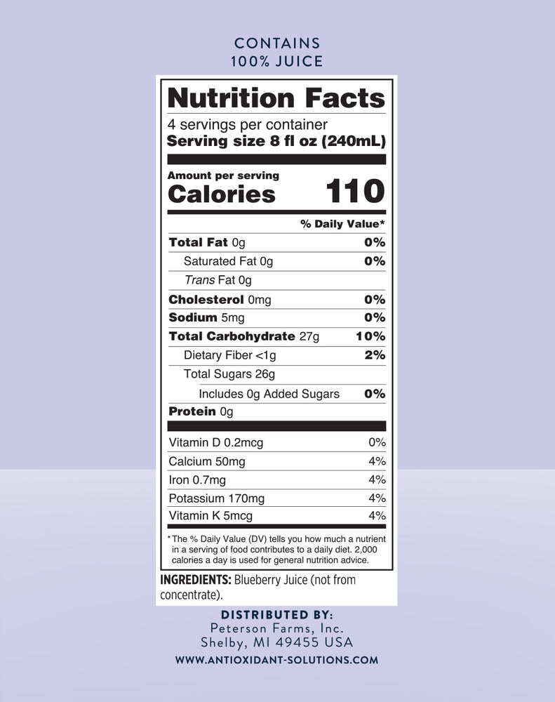 
                  
                    Blueberry Juice nutrition facts with a purple background.
                  
                