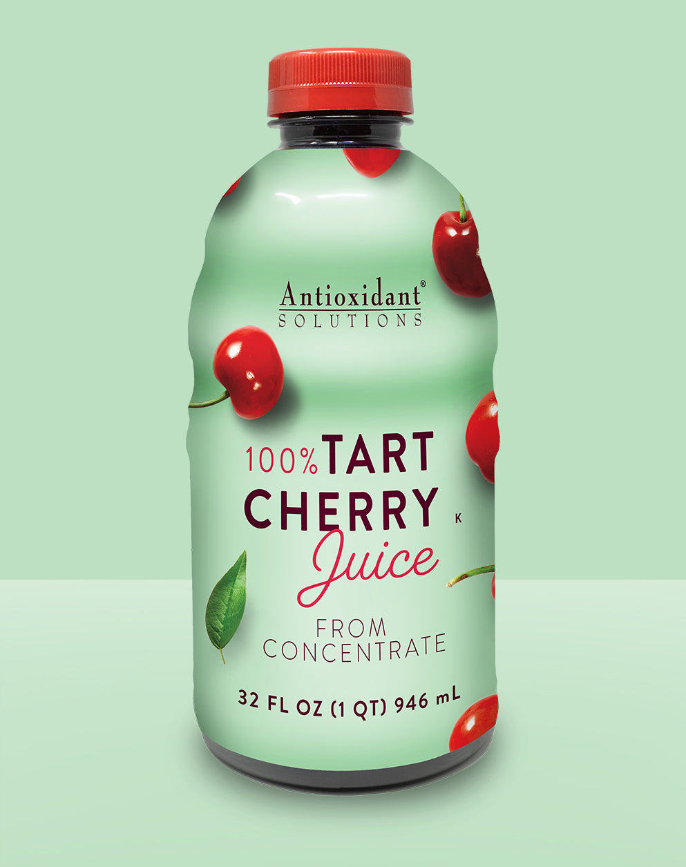 A green bottle of tart cherry juice with a green background.