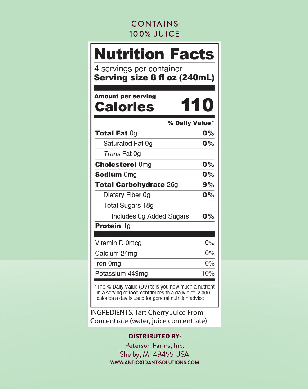 
                  
                    Cherry juice nutrition facts panel with a green background.
                  
                