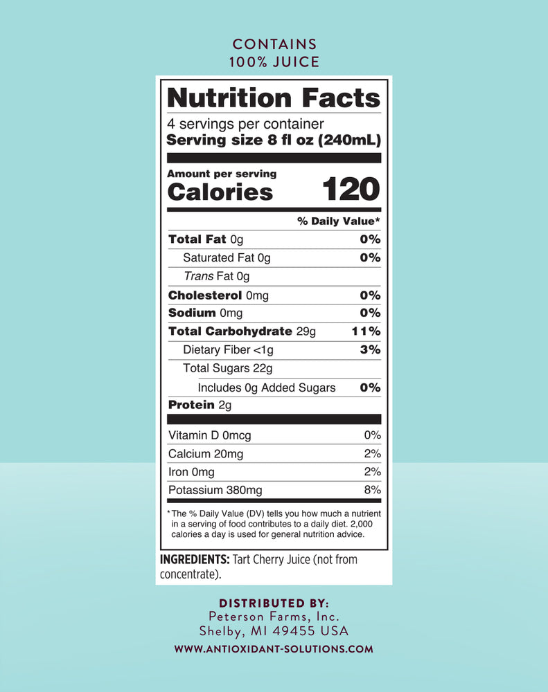 
                  
                    Tart Cherry Juice nutrition facts panel with a blue background.
                  
                