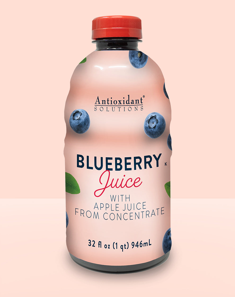 A pink bottle of blueberry apple juice with a pink background.