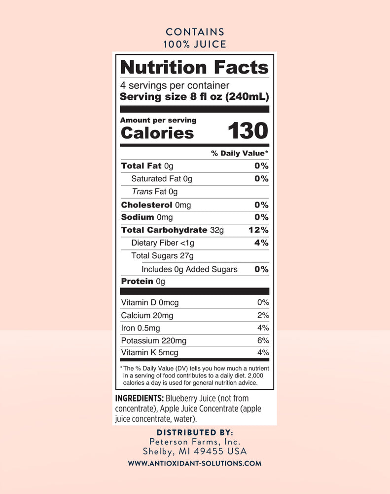 
                  
                    Blueberry Apple Juice nutrition facts panel with a pink background.
                  
                