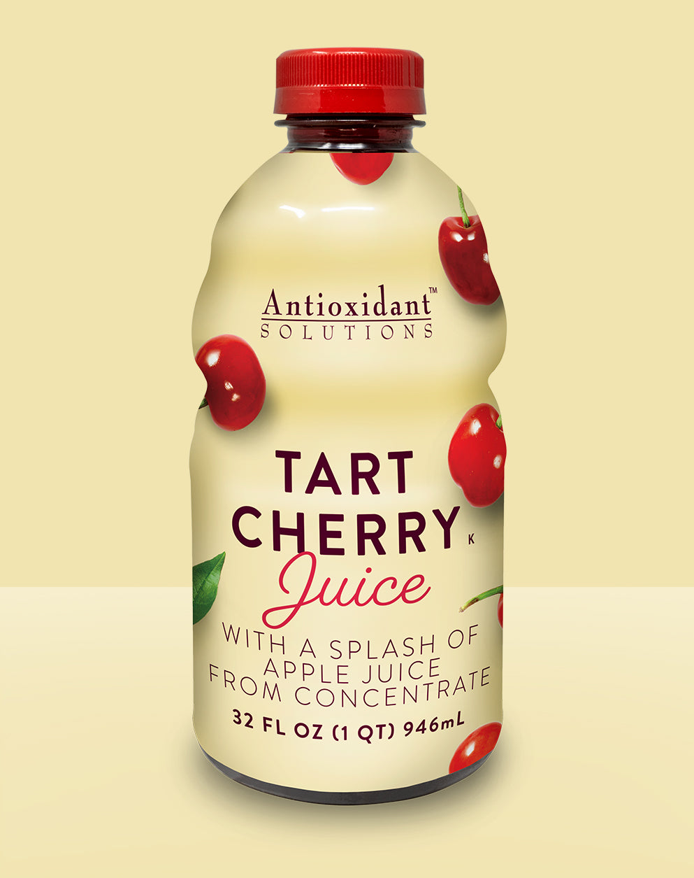 A yellow bottle of tart cherry apple juice with a yellow background.