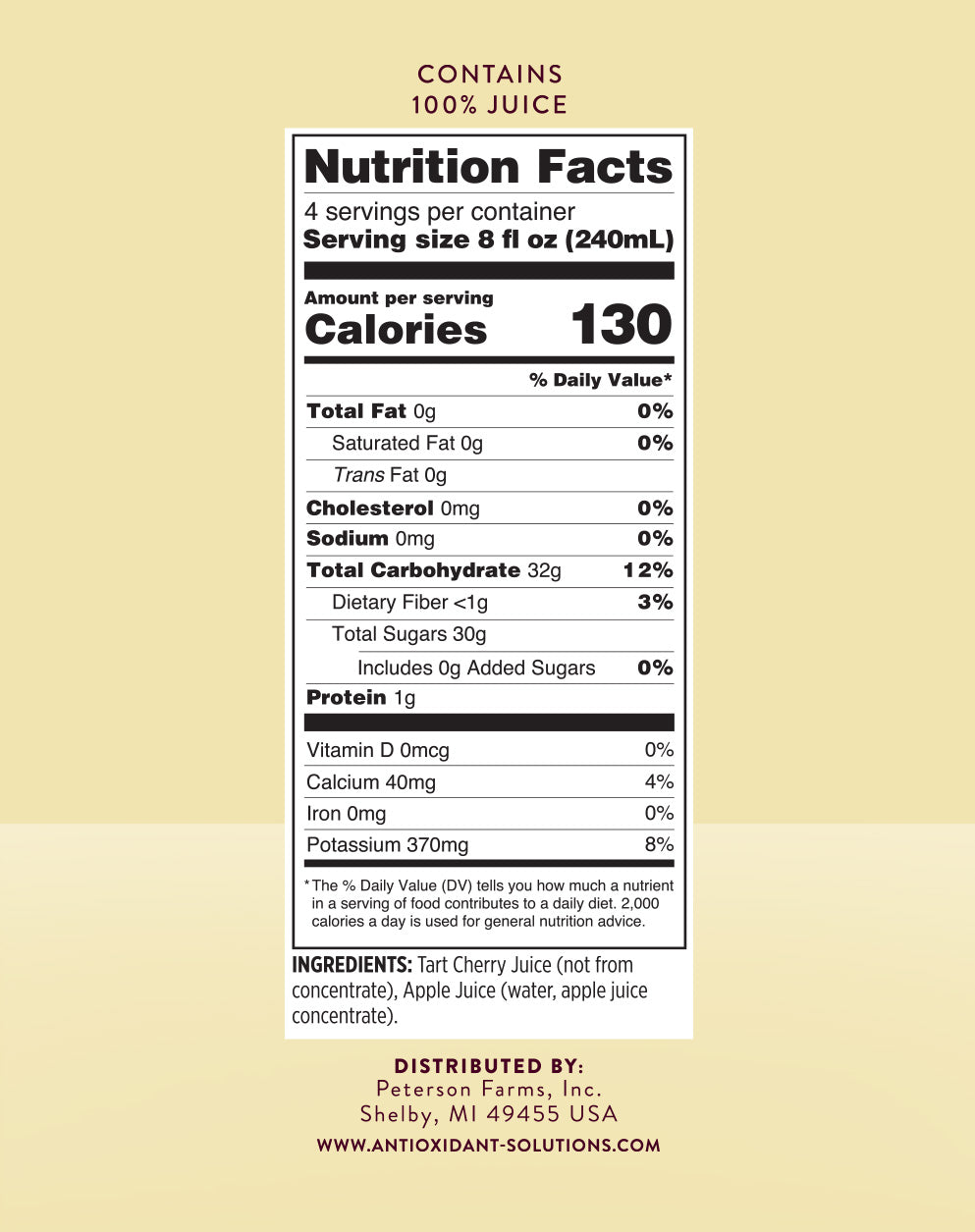 
                  
                    Tart Cherry Apple Juice nutrition facts panel with a yellow background.
                  
                