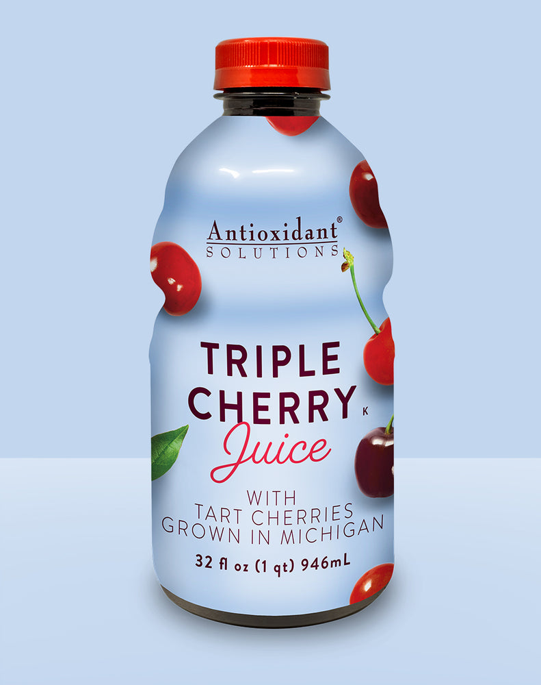 A blue bottle of triple cherry juice with a blue background.