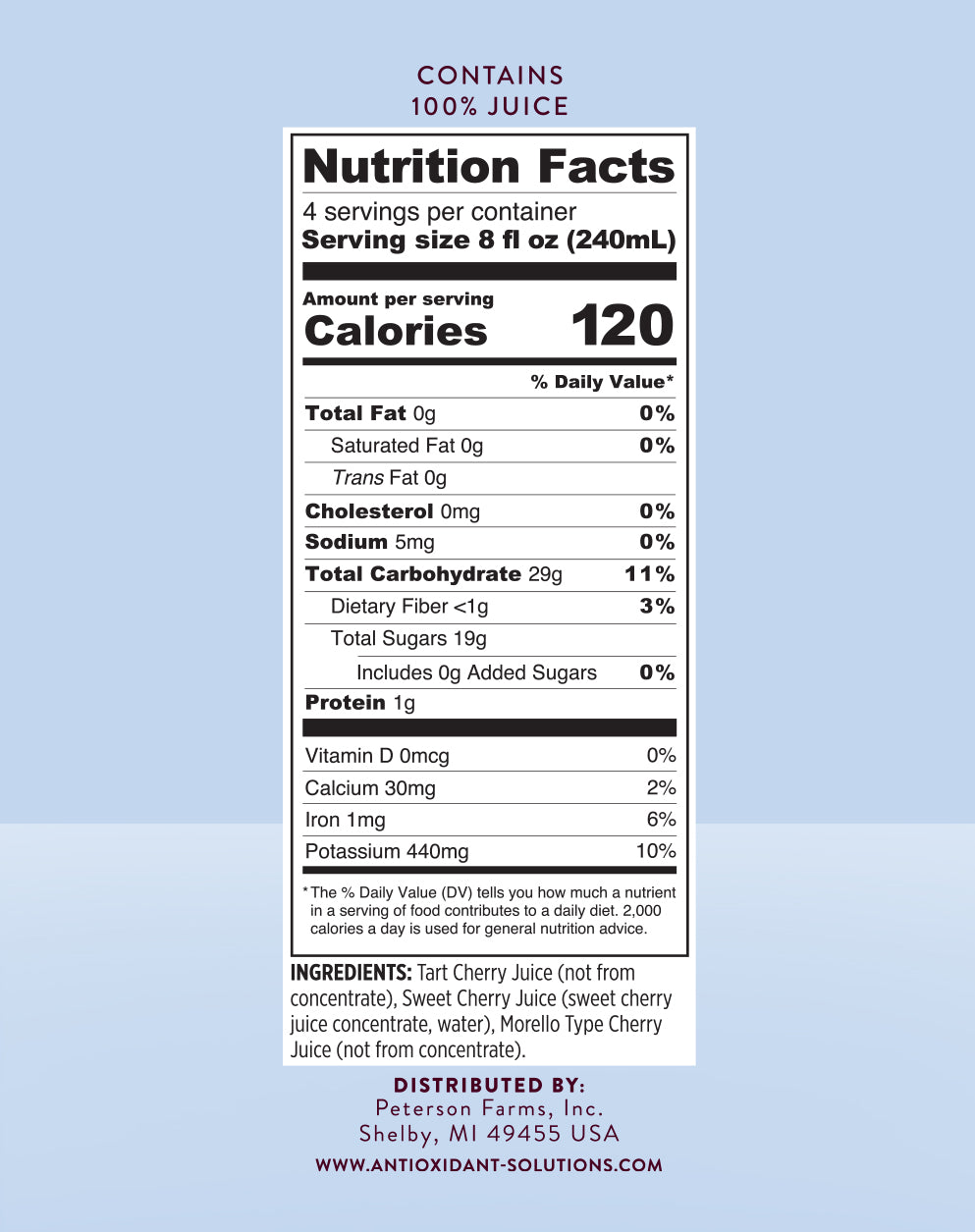 Triple Cherry Juice nutrition facts with a blue background.