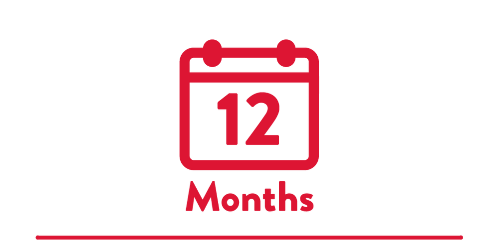 Bright red calendar with the number 12 inside of it and the word "Months" below it. 