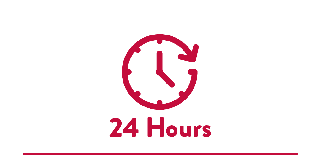 Red clock outline with "24 Hours" below it. 